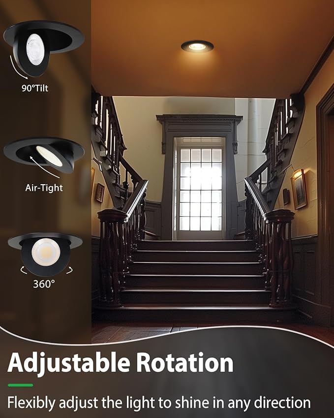 zouzai 6 inch 5CCT Gimbal Black Led Recessed Lights, 360°+90° Adjustable Directional Recessed Lighting, 2700K-5000K Dimmable Retrofit Eyeball Can Lights with Jbox, ETL&Energy Star(Black,1 Pack)