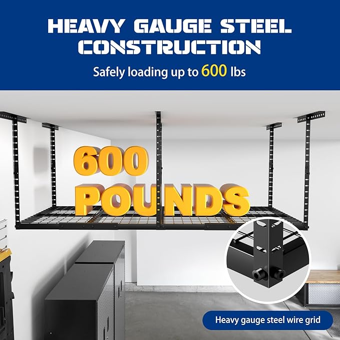 3x8 Overhead Garage Storage Rack Adjustable Garage Ceiling Storage Racks, Holds 600 lbs, 22 lbs Per Hook, Heavy Duty Steel Hanging Organizer for Tools, Bins & Bikes