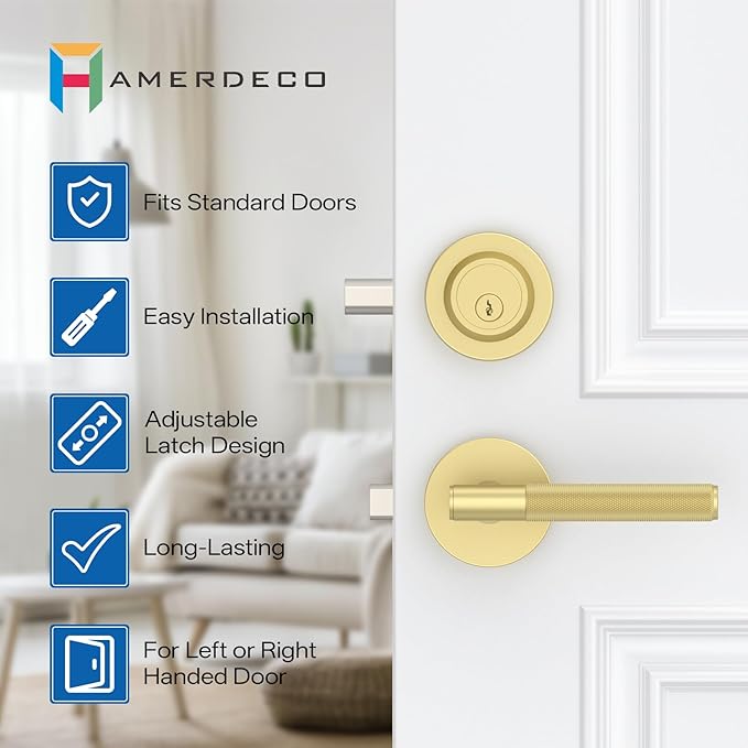 Amerdeco Front Door Lock Set with Double Cylinder Deadbolt, Exterior Entry Door Lever, Heavy Duty Entry Door Locksets for Left or Right Hand Exterior Door（Brushed Gold 2 Pack）