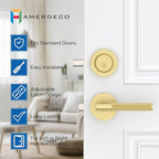 Amerdeco Front Door Lock Set with Double Cylinder Deadbolt, Exterior Entry Door Lever, Heavy Duty Entry Door Locksets for Left or Right Hand Exterior Door（Brushed Gold 1 Pack）