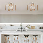 Modern Farmhouse Dining Room Light Fixtures, 20'' Geometric Nickel Chandelier for Living Room Kitchen Island Entryway Bedroom, 6-Light Rustic Wood Grain Pendant Hanging Lighting