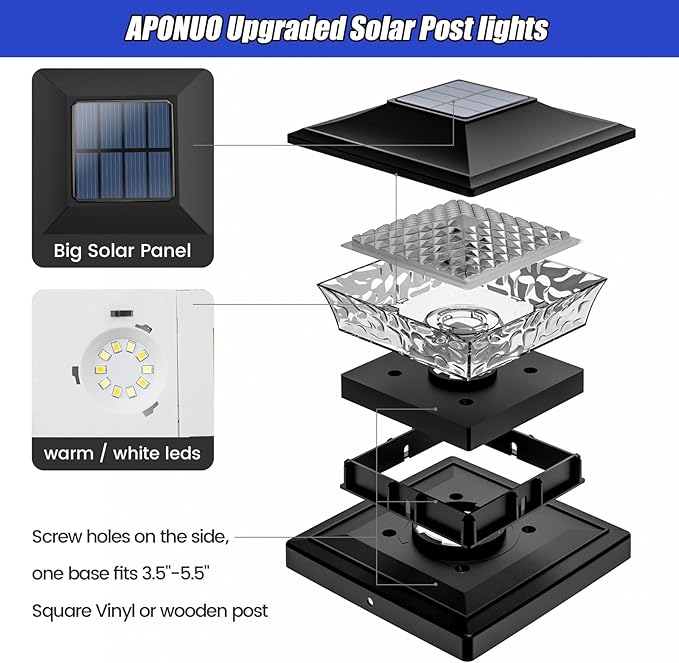 APONUO Solar Post Cap Lights 12 Pack, Waterproof Outdoor LED Deck Lights for 4x4, 5x5, 6x6 Wood Fence & Vinyl Posts, 2 Color Modes (Warm/Cool), All-Night Lighting, Auto On/Off, Patio Garden Yard Decor