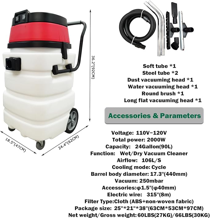 Industrial Wet/Dry Vacuum Cleaner 24 Gallon Commercial Water Suction Machine Vacuum Suction 2-Motors 110V