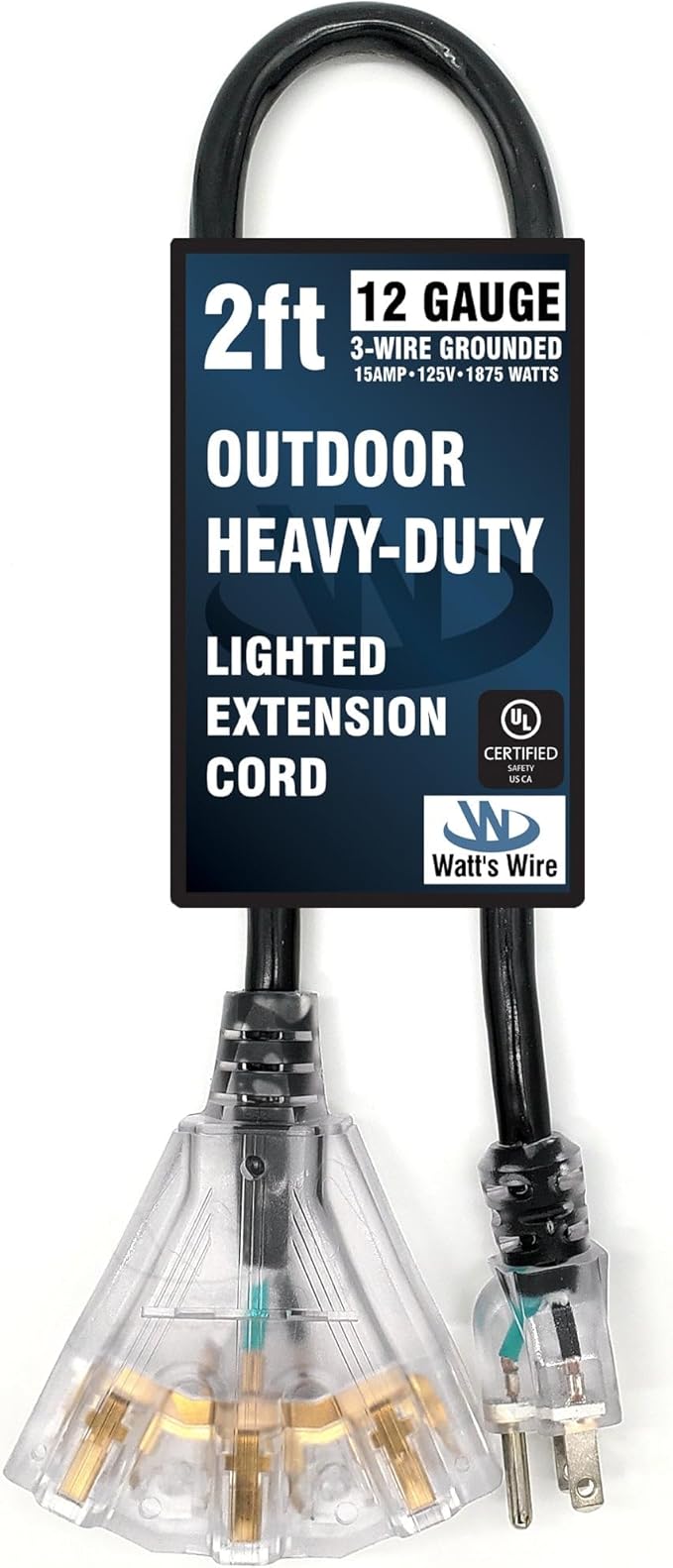 Outdoor Extension Cord Waterproof (2 ft) 12 Gauge Heavy Duty Extension Cord Splitter - Lighted Outdoor Extension Cords with Multiple Outlets - Watts Wire - 2' Grounded - extensiones electricas