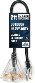 Outdoor Extension Cord Waterproof (2 ft) 12 Gauge Heavy Duty Extension Cord Splitter - Lighted Outdoor Extension Cords with Multiple Outlets - Watts Wire - 2' Grounded - extensiones electricas