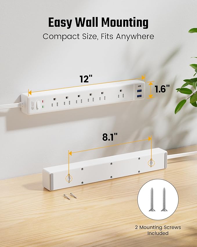 Flat Plug Surge Protector Power Strip, 6ft Ultra Thin Extension Cord with 3 USB, SUPERDANNY 6 Outlets Charging Station, Wall Mountable Outlet Extender for Home Office, College Dorm Room