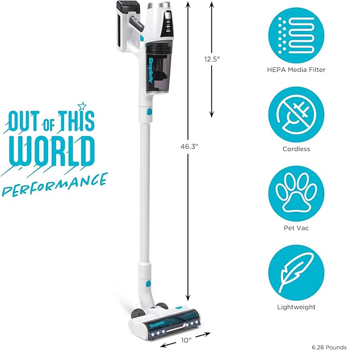 Simplicity Vacuums S67 Pet Bundle, Cordless Stick Vacuum Cleaner and Motorized Pets Upholstery Tool, Tackle Dog Hair and More on Hard Floor, Rugs, Couch, and Stairs, 3 Speed Power, Light Weight Vacuum
