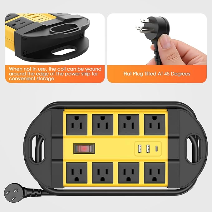 HHSOET Outdoor Weatherproof 8 Outlet Power Strip, IPX6 Waterproof Surge Protector, 2 USB-A 1 USB-C Ports, 6 FT Extension Cord for Outdoor Patio Garden Porch Garage