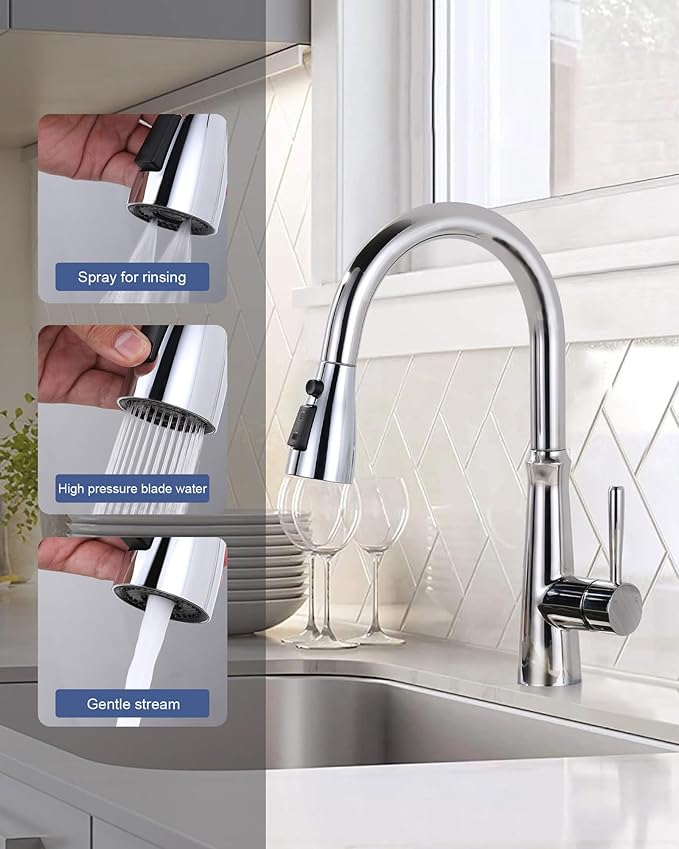 Metal Kitchen Faucet Head Replacement: 3-Function Pull Down Spray Nozzle with 9 Adapters, Sink Sprayer Replacement Compatible with Moen, Delta, Kohler, American Standard Faucets, Chrome