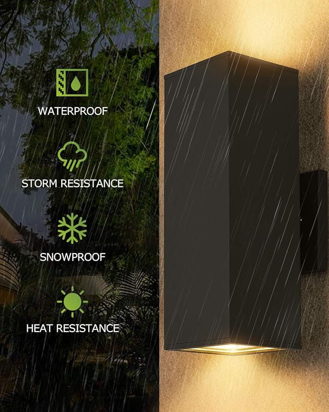 harriet Porch Lights Outdoor Modern - IP64 Waterproof Aluminum and Tempered Glass Cover, 13" Rectangular Up/Down Wall Sconce for Porch, Garage & Patio, Exterior Lighting, Black