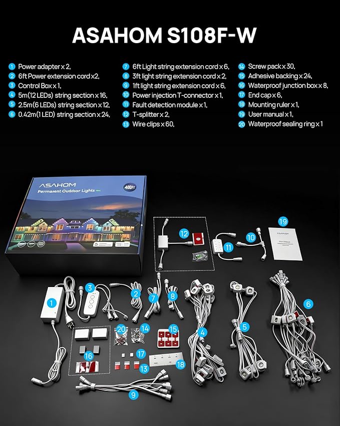 ASAHOM Permanent Outdoor Lights Pro S108F, 400FT with 288 RGBCW LEDs, WLED Integration, AI Lighting, 30000 Lighting Effect Combinations, IP67 Waterproof for Halloween Christmas Daily Decor, White