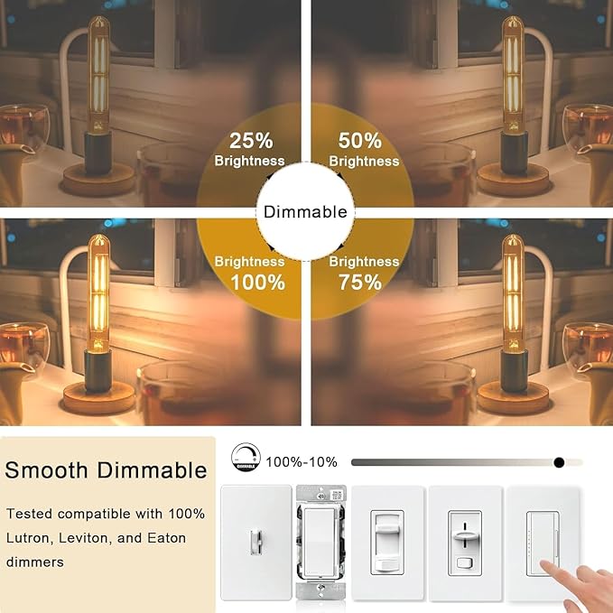 7.3 Inch 3000K Warm White Edison Bulbs Equal 80 Watt, 800LM E26 Led Bulb 6W Dimmable, T10 T9 Long Tubular Clear Glass Light Bulbfor Vanity Pendant Chandeliers Wall Sconces - UL Cert 2Pack
