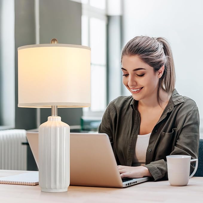 Lamp for Living Room Bedroom Lamps Farmhouse Table Lamps Set of 2 Vertical Stripe Ceramic Table Lamp,Linen Shade with Bulb, 25 in High, White