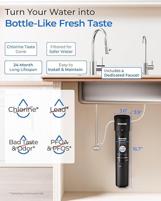 Waterdrop 15UB Under Sink Water Filter, Under Sink Water Filtration System for 2 Years, NSF/ANSI 42 Certified, Reduces PFAS, PFOA/PFOS, Lead, Under Sink Water Filter with Faucet, 19K Gallons