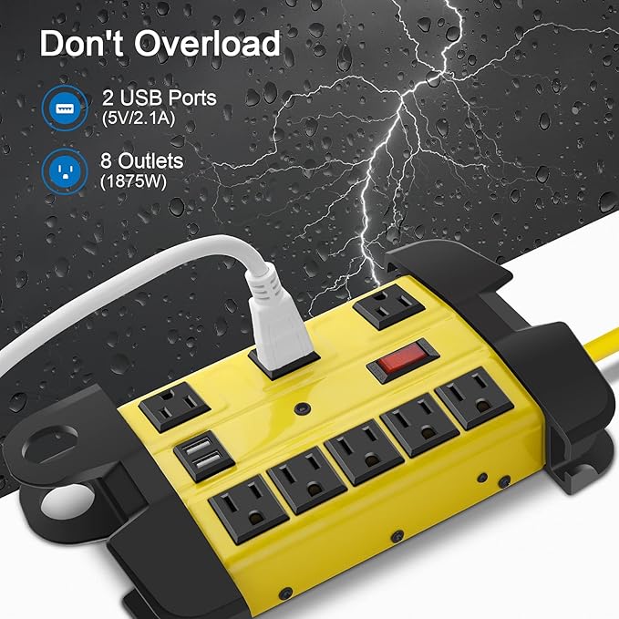 Heavy Duty Power Strip with USB, Workshop 8 Outlet Surge Protector 2700 Joules, Industrial Metal 15Amp Power Strip, 25 FT Extension Cord and Wide Spaced. Yellow