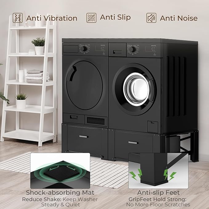 SKM 29" Washer & Dryer Pedestals with Drawer - 2 Pack Laundry Stand Raiser, 14.3" Height, Steel Construction, Black