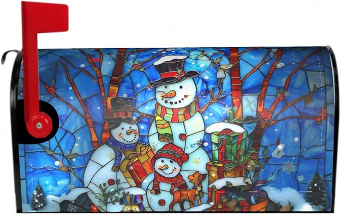 Winter Snowman Mailbox Cover - Christmas Stained Glass Holiday Wrap - Xmas Decorations Happy New Year - Magnetic Oversized 25.5 x 21