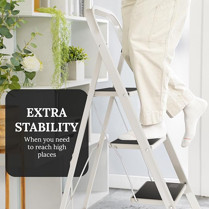 Lifetime Home 3-Step Ladder with Wide Anti-Slip Platform & Thick Rubber Feet - Lightweight Heavy Duty Foldable & Portable - 330 lbs Capacity, Steel Frame, Rubber Handgrip, Folding Step Stool - White