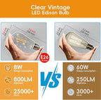 Jensense Vintage LED Edison Bulbs 8Watt Dimmable Light Bulbs 2700K Warm White, E26 LED Bulb 60watt Equivalent, Vintage Bulbs 800lm CRI 90 Clear Glass 6 Packs