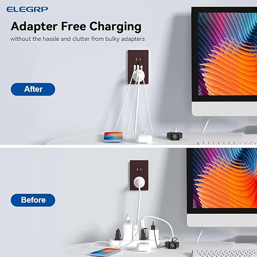 ELEGRP USB Outlets Receptacles, 3-Port Wall Outlet, 30W 6.0A Electrical Outlet, 15 Amp Tamper-Resistant Outlet with Type C Ports, UL Listed, Screwless Wall Plate Included, 10 Pack, Matte Brown