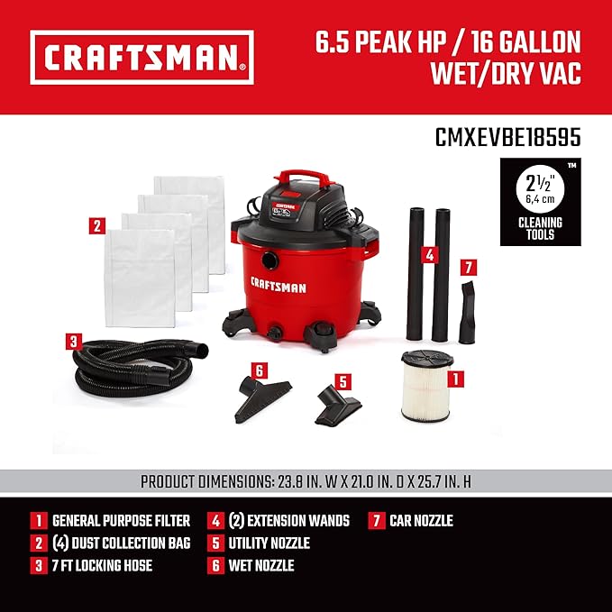 CRAFTSMAN CMXEVBE18595 16 Gallon 6.5 Peak HP Wet/Dry Shop Vac, Heavy-Duty Shop Vacuum Wet and Dry with Filter, 4 Dust Bags, Hose and Attachments for Home Projects & Renovations