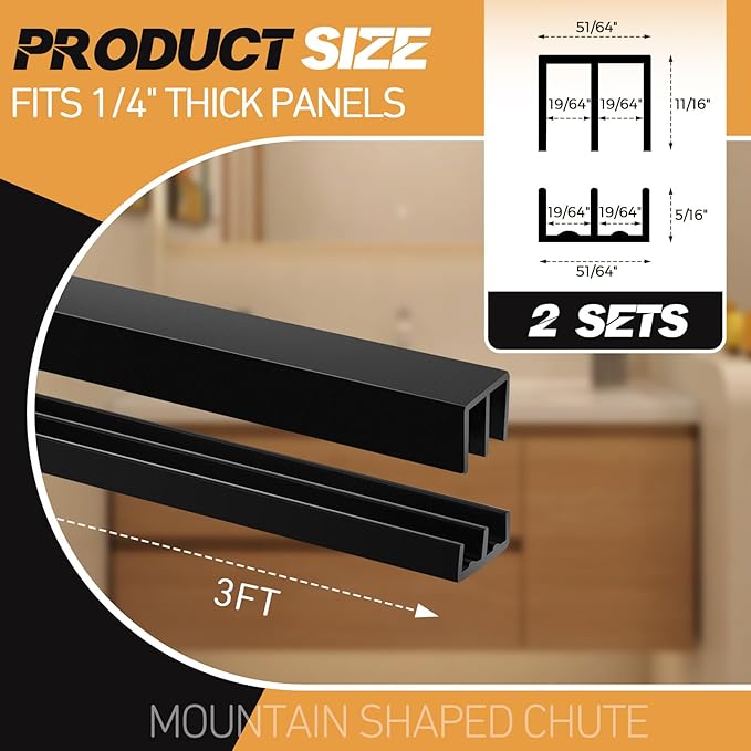 Landical 2 Sets Plastic Sliding Door Track Set for 1/4" Thick Panels Glass Cabinet Door Hardware System Window Sliding Track Easy Quick Installation(3ft,Black)
