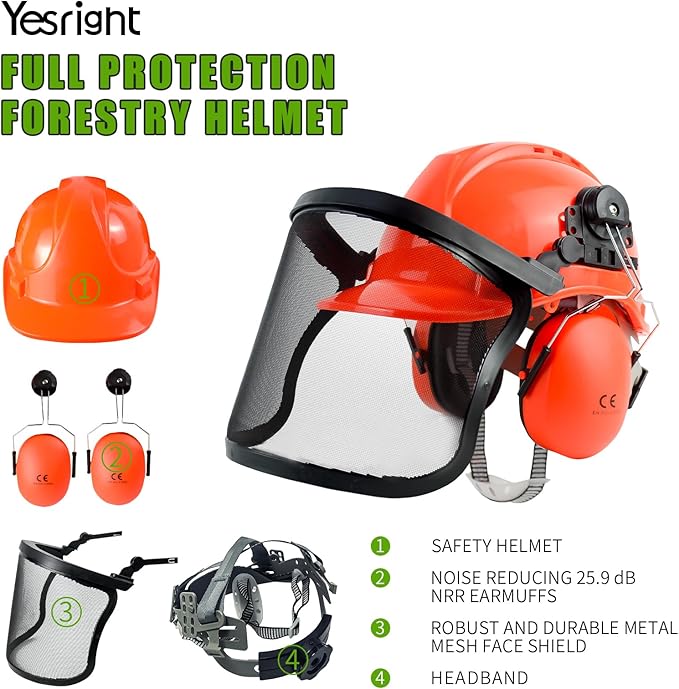 Chainsaw Helmet with Face and Ear Muffs, Forestry Safety Helmet for Mowing, Trimming, Yard Work, Landscaping, Construction and Weed Whacking