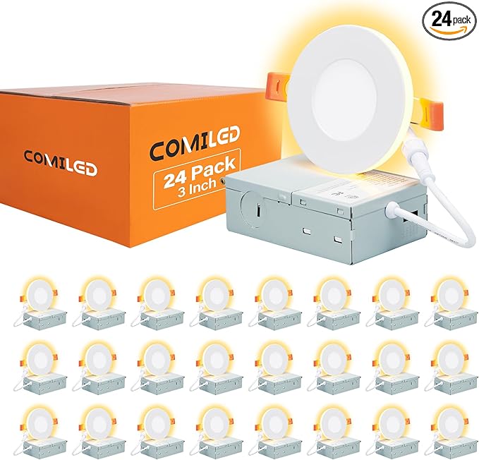 24 Pack 3 Inch Led Recessed Lights with Night Light, Canless Ultra Thin Wafer Soffit Recessed Lighting Downlight, Dimmable & 5 Color Temperature Selectable, 6W, ETL, White