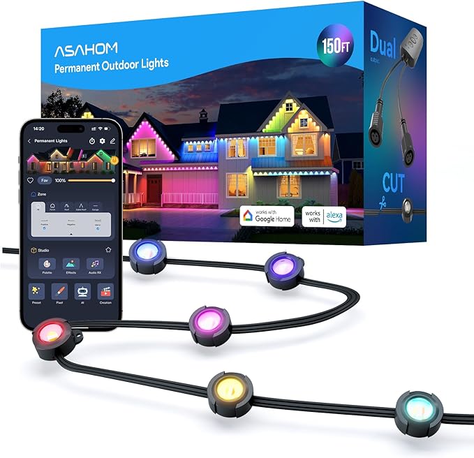 ASAHOM AI Permanent Outdoor Lights S107C, 150FT with 108 RGBCW LED Lights and Dual Output, 30,000 Lighting Effect Combination, IP67 Waterproof for House Halloween Christmas and Daily Decoration, Black