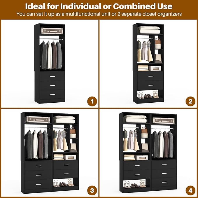 4FT Closet Systems with 5 Wood Drawers, 48 Inch Closet Organizer System with 2 Hanging Rods & 7 Shelves, Heavy Duty 48" Walk-in Closet, Black (48"L x 15" W x 80" H)
