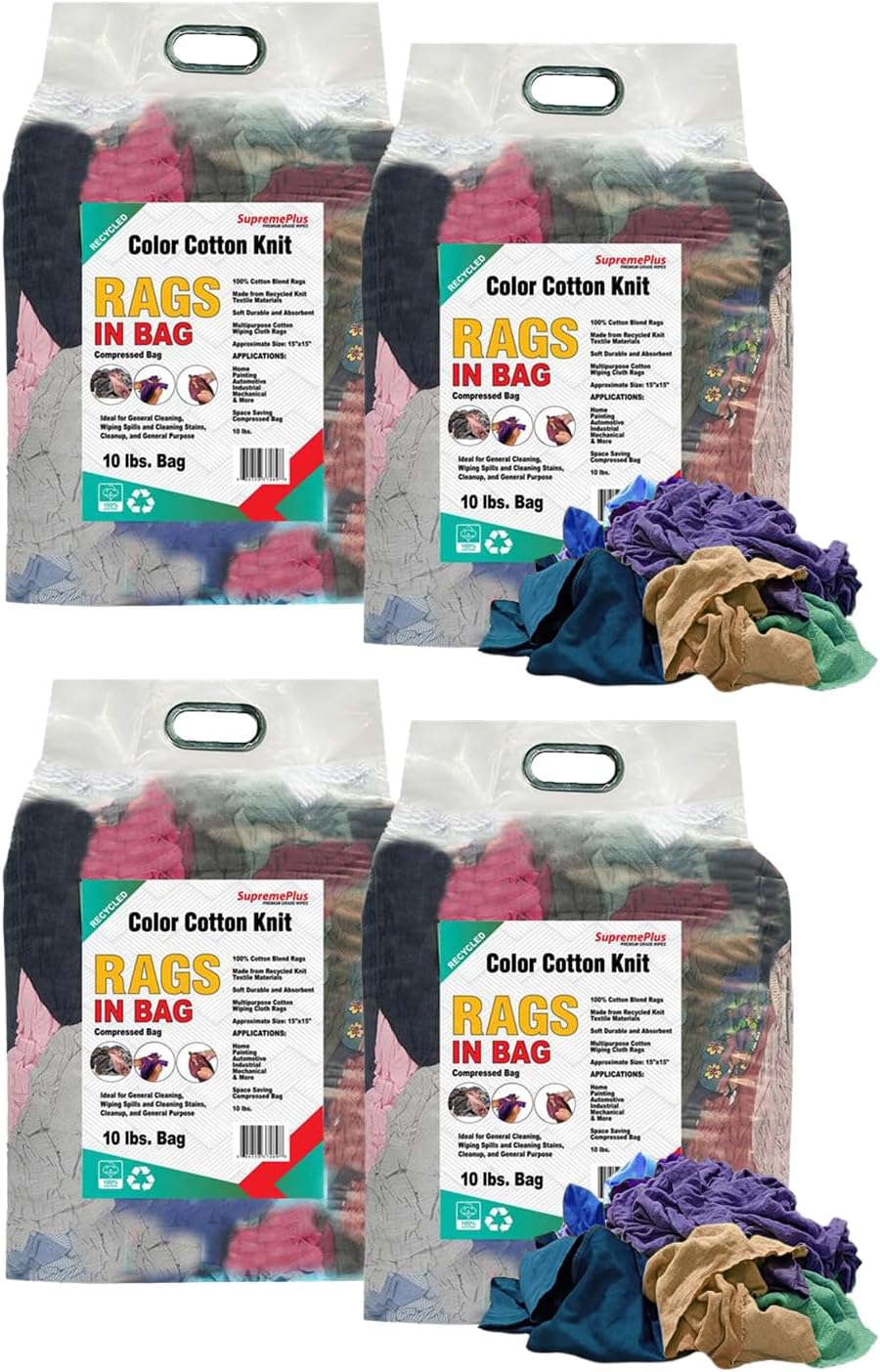 Color T-Shirt Rags (10 lbs. Bag - Pack of 4) - Shop Bulk T-Shirt Cotton Cloth Rag in a Bag, Wipes for House, Mechanic, Auto, Garage, Paint, Window, & Utility