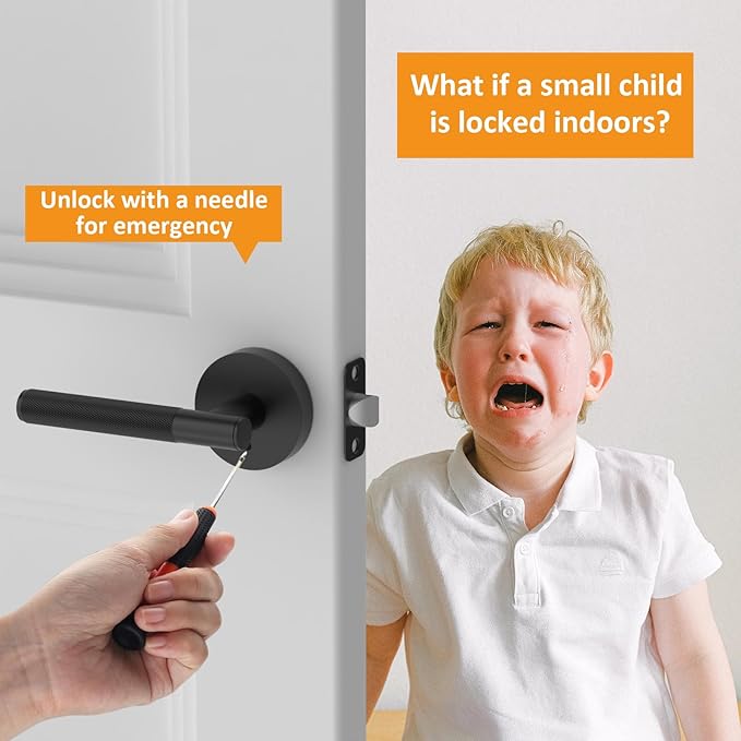 Amerdeco 3 Pack Matte Black Door Handles Interior, Knurled Privacy Door Handles with Lock,Heavy Duty Black Door Lever for Bedroom or Bathroom,Reversible Keyless for Left Right Handed Doors