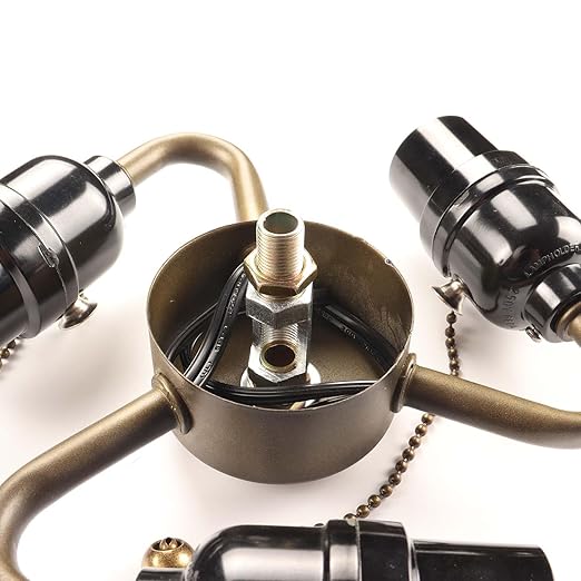 Bieye SC08 E26 Light Socket Cluster with Pull Chain Switch and Electrical Wiring Accessories (3-Light, Antique Brass)