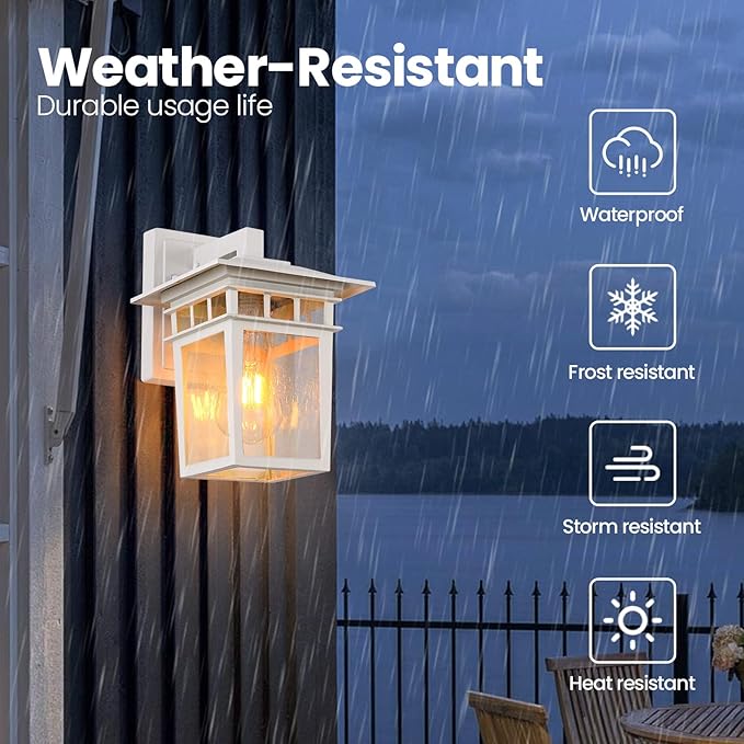 Outdoor Wall Lantern, Exterior Lighting Fixtures Wall Mount, 2 Pack White Outdoor Sconces with Seeded Glass, Exterior Porch/Patio Lights for House Front Door Garage