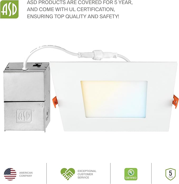 ASD 6 Pack LED Recessed Square Ceiling Light 6 Inch with Round Back, 5 CCT 2700K-5000K, Ultra-Thin Dimmable Wafer Lights with Junction Box, 15W 1266LM Canless Recessed Lighting, Slim LED Downlight, UL