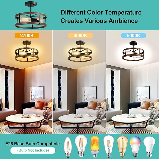 EAPUDUN Farmhouse Ceiling Light, 13'' Imitation Wooden Semi Flush Mount Light Fixture, Retro 2-Light Lamp for Hallway Entryway Bedroom Kitchen Dining Room SMA1139-FBDT