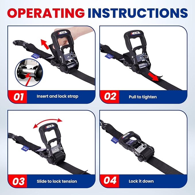 MOCA Black Heavy Duty Ratchet Tie Down Straps - 5200 Lbs Breaking Strength 1.6" x 8', Includes 4 Heavy Duty Ratchet Padded Handles & Coated Chromoly S Hooks & 4 Soft Loop Tie-Downs