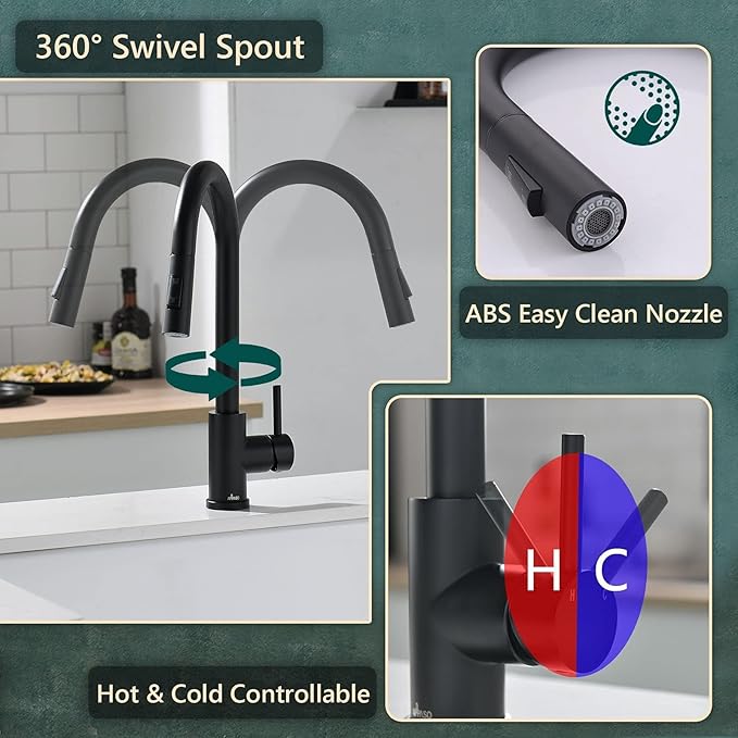 APPASO Kitchen Faucet with Pull Down Matte Black, Single-Handle High Arc Swan-Neck Modern Kitchen Sink Faucet with Optional Deck Plate Stainless Steel