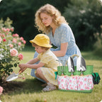 Garden Tool Set,10 Piece Garden Kit,Heavy Duty Stainless Steel Gardening Hand Tools with Durable Storage Tote,Rust-Proof Garden Tools,Gardening Gifts for Women Men Pink Floral Pattern Design