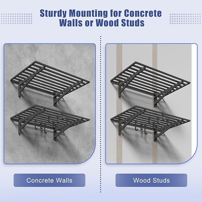 2-Pack 2x3ft Garage Shelving Wall Mounted, 2' x 3' Heavy Duty Garage Storage Shelves with Hooks, 400LB Capacity