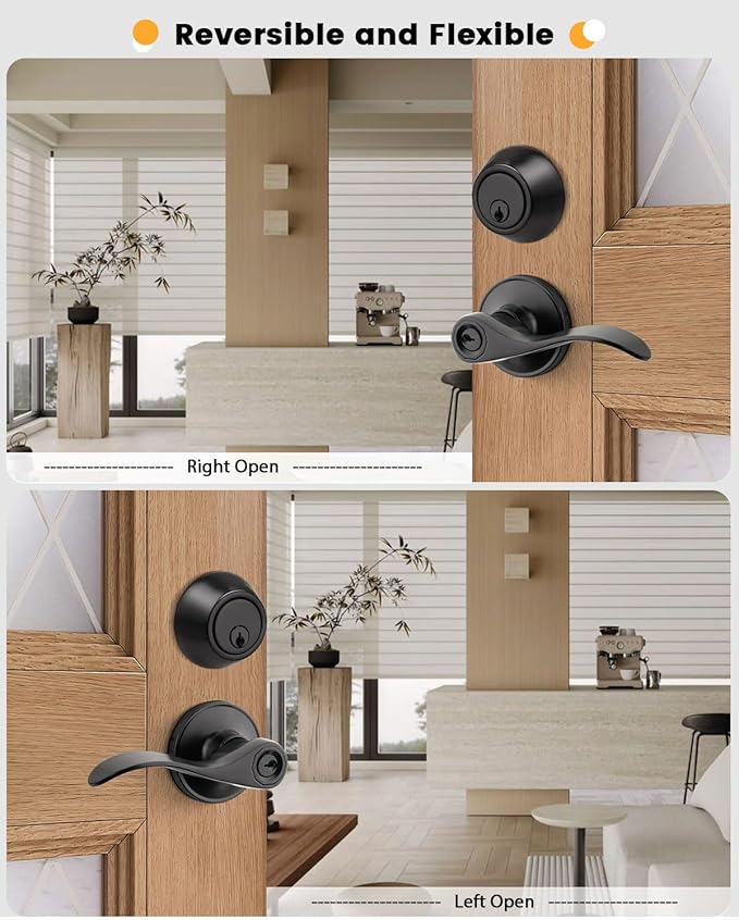 3 Pack Exterior Door Lever Lockset with Single Cylinder Deadbolt Black Door Handle with Deadbolt Lock Set Keyed Alike, Matte Black Finished