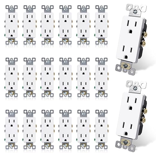 ELEGRP Decorator Receptacle, 15A 125V Standard Electrical Wall Outlet, 2 Pole 3 Wire, No-Tamper Resistant, NEMA 5-15R, Self-Grounding Residential Grade Outlet, UL (Glossy White, 20 Pack)