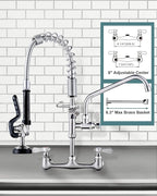 21" Height Commercial Faucet Wall Mount with Sprayer 9.6" Swing Spout 8" Adjustable Center, Kitchen Sink Faucets with Pull Down Pre-Rinse Sprayer for Restaurant Industrial Kitchen, Brushed Nickel