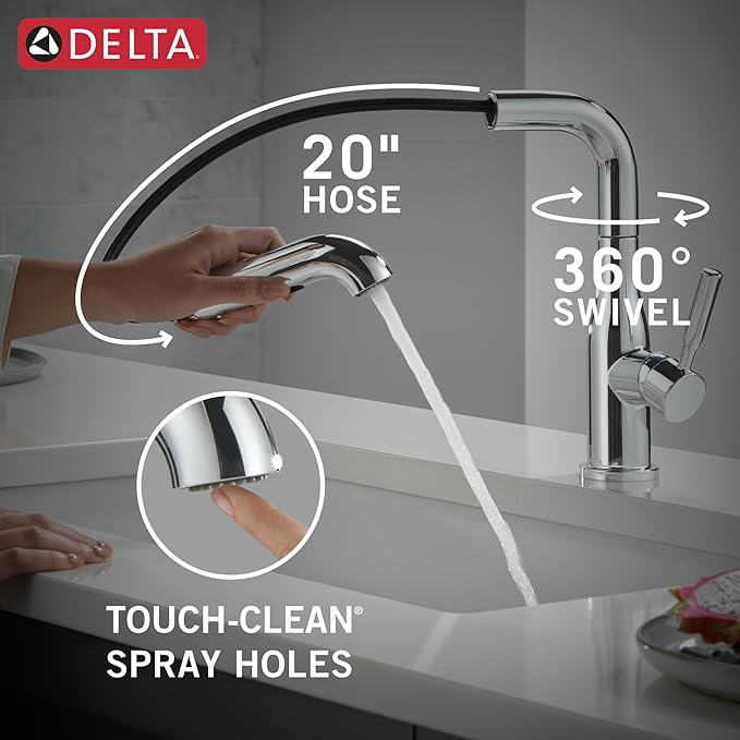 Delta Almari Chrome Kitchen Faucet with Pull-Out Sprayer, Modern Single Hole Kitchen Sink Faucet, Single Handle, Chrome 16943-DST