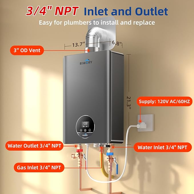 85000 BTU Natural Gas Tankless Water Heater, Max 3.6 GPM, Intelligent Constant Indoor Gas On Demand Water Heater with Freeze Protection, 3/4" NPT, for 2-3 Water Points
