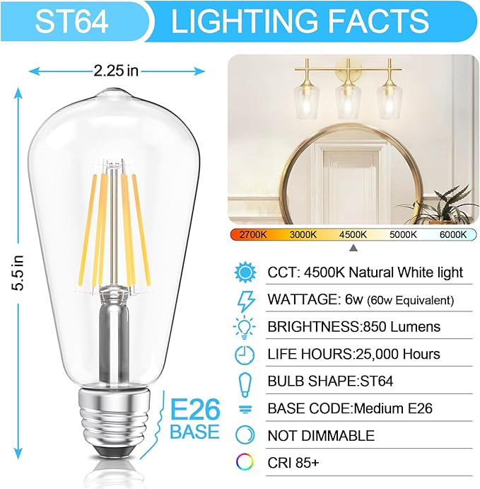 Ralbay ST64 Vintage LED Edison Bulbs 10 Pack, 60W Equivalent, Bright Natural White Light 4500K, Clear Glass E26 Medium Base