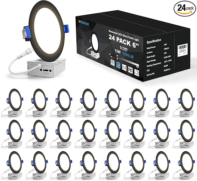 VOLISUN 24 Pack 6 inch Recessed Lighting, 5CCT LED Recessed Light Black, 2700K-5000K Selectable, 13W Eqv 120W, 1080LM Dimmable Canless Wafer Downlight, LED Ceiling Light ETL Certificated