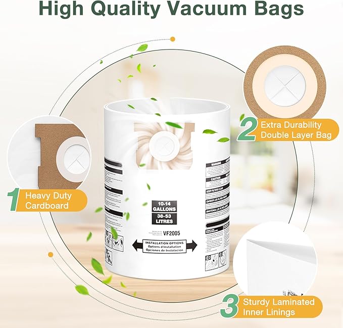 8PCS 10-14 Gallon Vacuum Bags for Shop Vac Bags, Disposable Wet Dry Vaccum Collection Bags Replace Part Type I #90672 9067200, Type F #90662 9066200 9066233, VF2005 (White)
