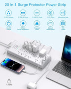 HANYCONY Surge Protector Power Strip 10 Ft, 16 Outlets 4 USB Ports(2 USB C), Flat Plug Heavy Duty Extension Cord, 2700 Joules, Wall Mount for Home Office, ETL Listed, White