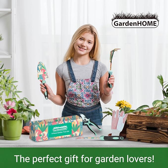 GardenHOME 5-Piece Gardening Tool Set, Durable Floral Garden Tools with Ergonomic Handles and Accessories – Gift Set for Women, Beginners, and Garden Lovers – Ideal for Spring and Summer Gardening